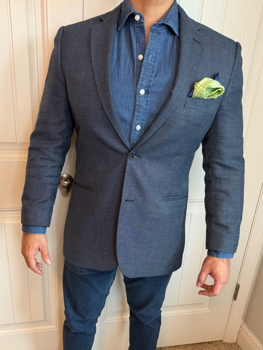 Alan Flusser Fitted Blue/Gray Birdseye Sport Coat | Gray Elbow Patches | 40R